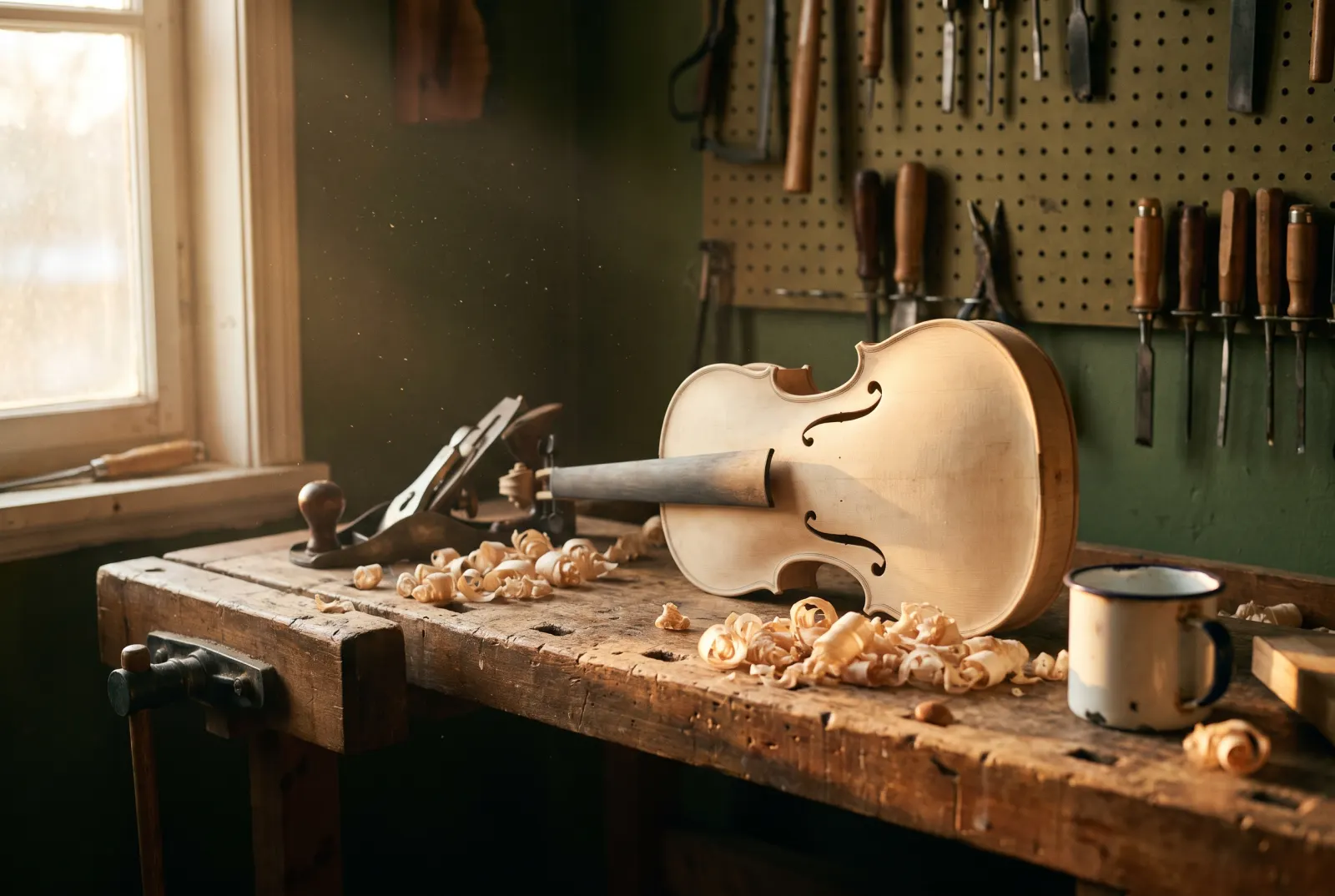 A workbench with an unfinished violin and hand tools