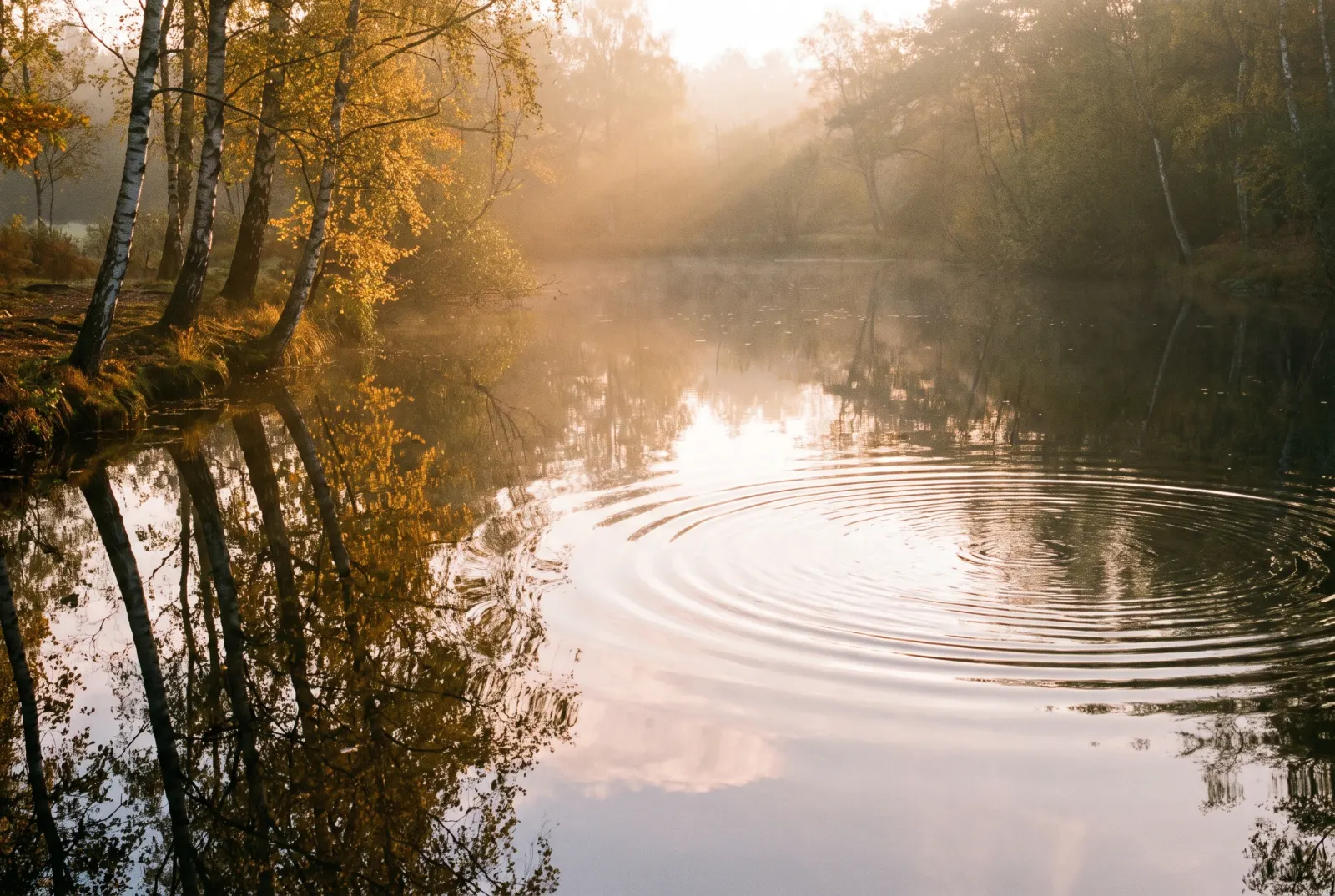 A pond reflecting trees, half of it rippled