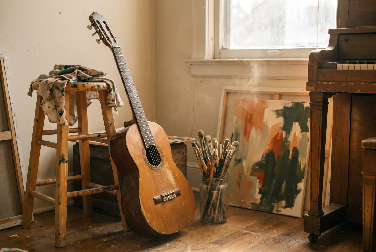 A guitar, brushes and a small canvas in a studio corner